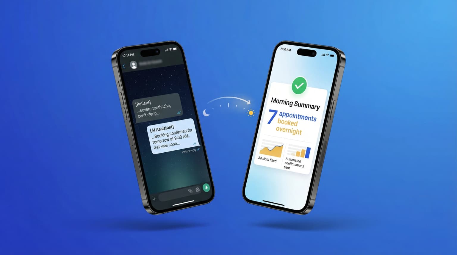 WiseAI Receptionist handling a clinic WhatsApp conversation on a phone screen