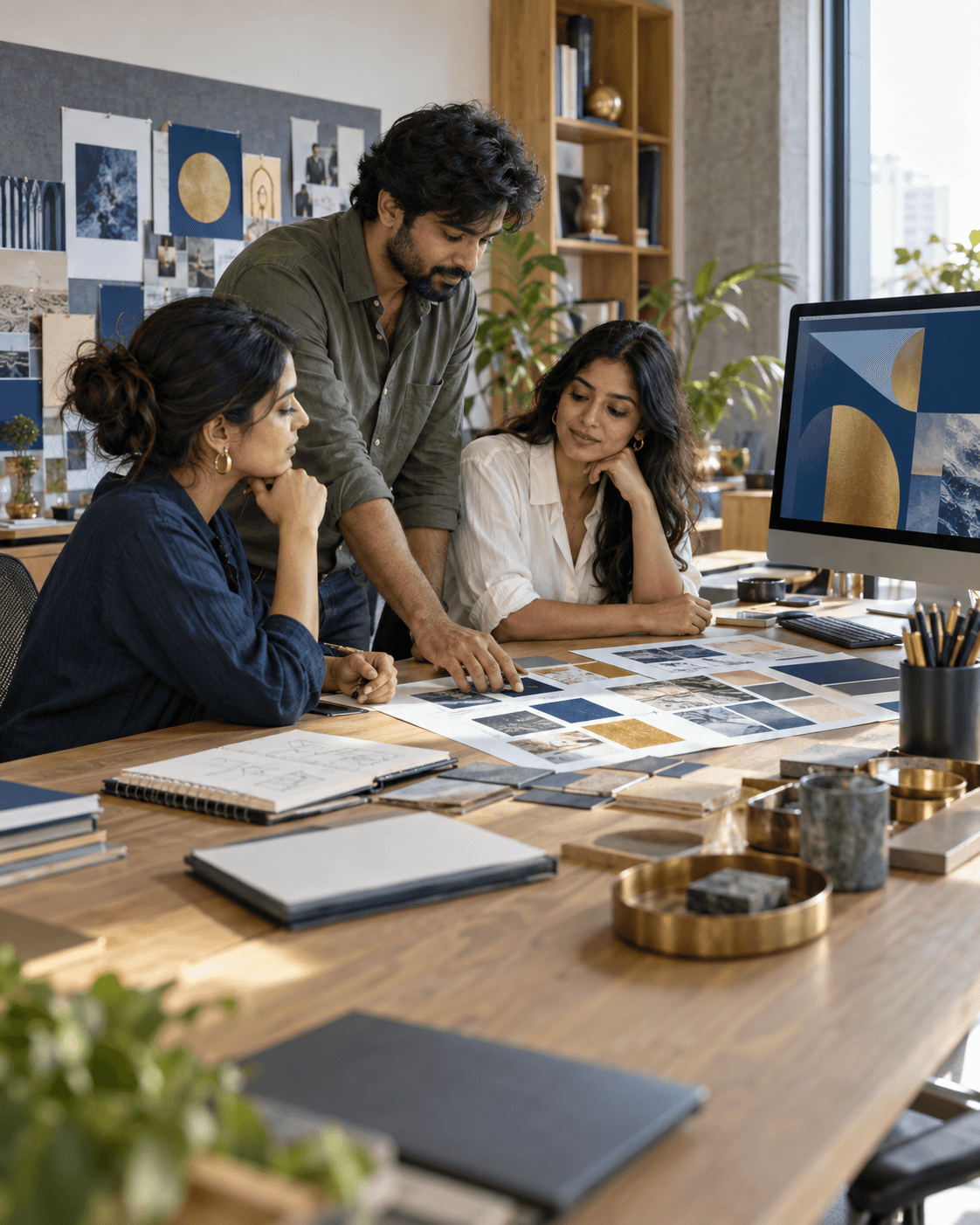 Illustrative image: a creative team discussing campaign materials in a studio
