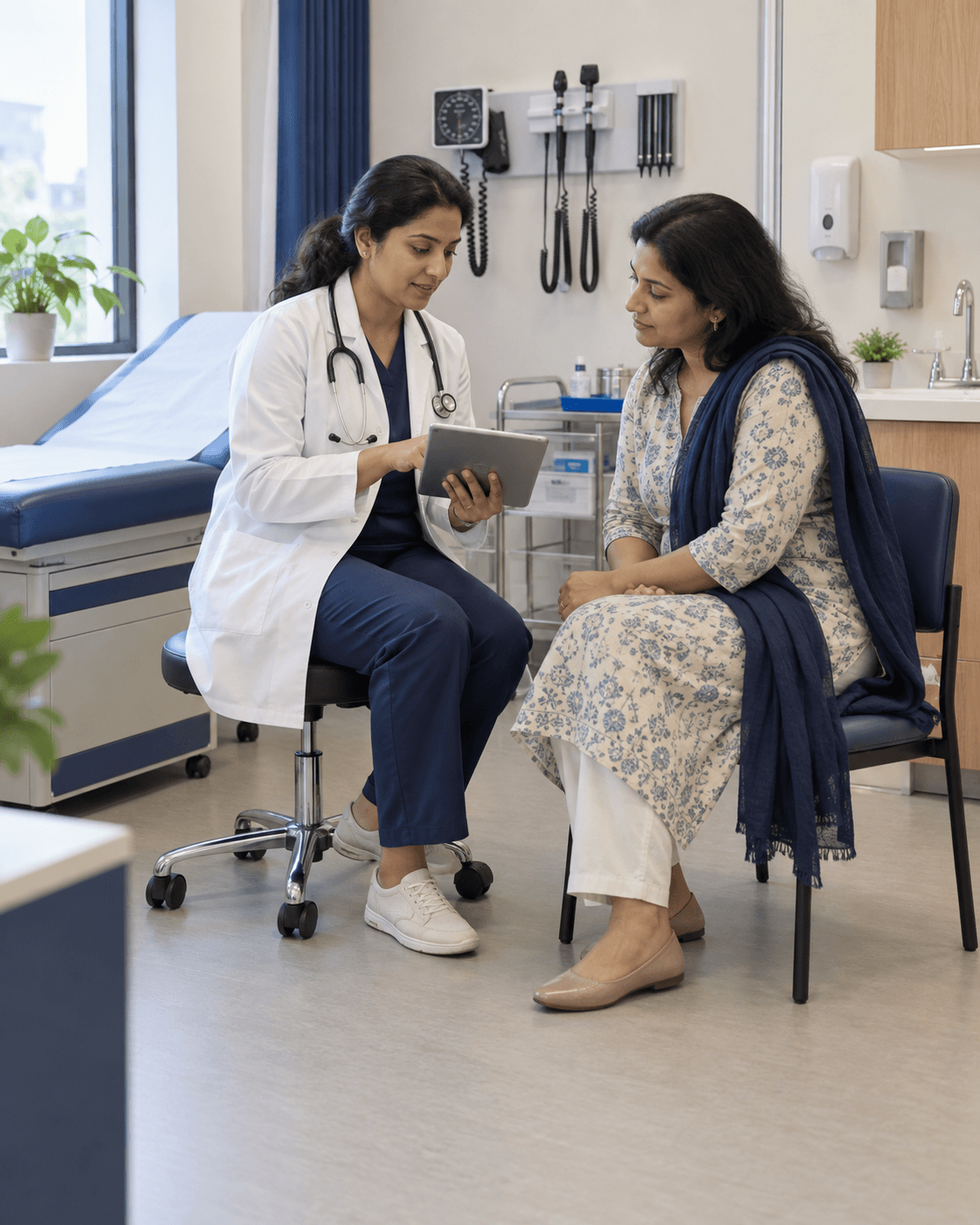 Illustrative clinical consultation with examination equipment