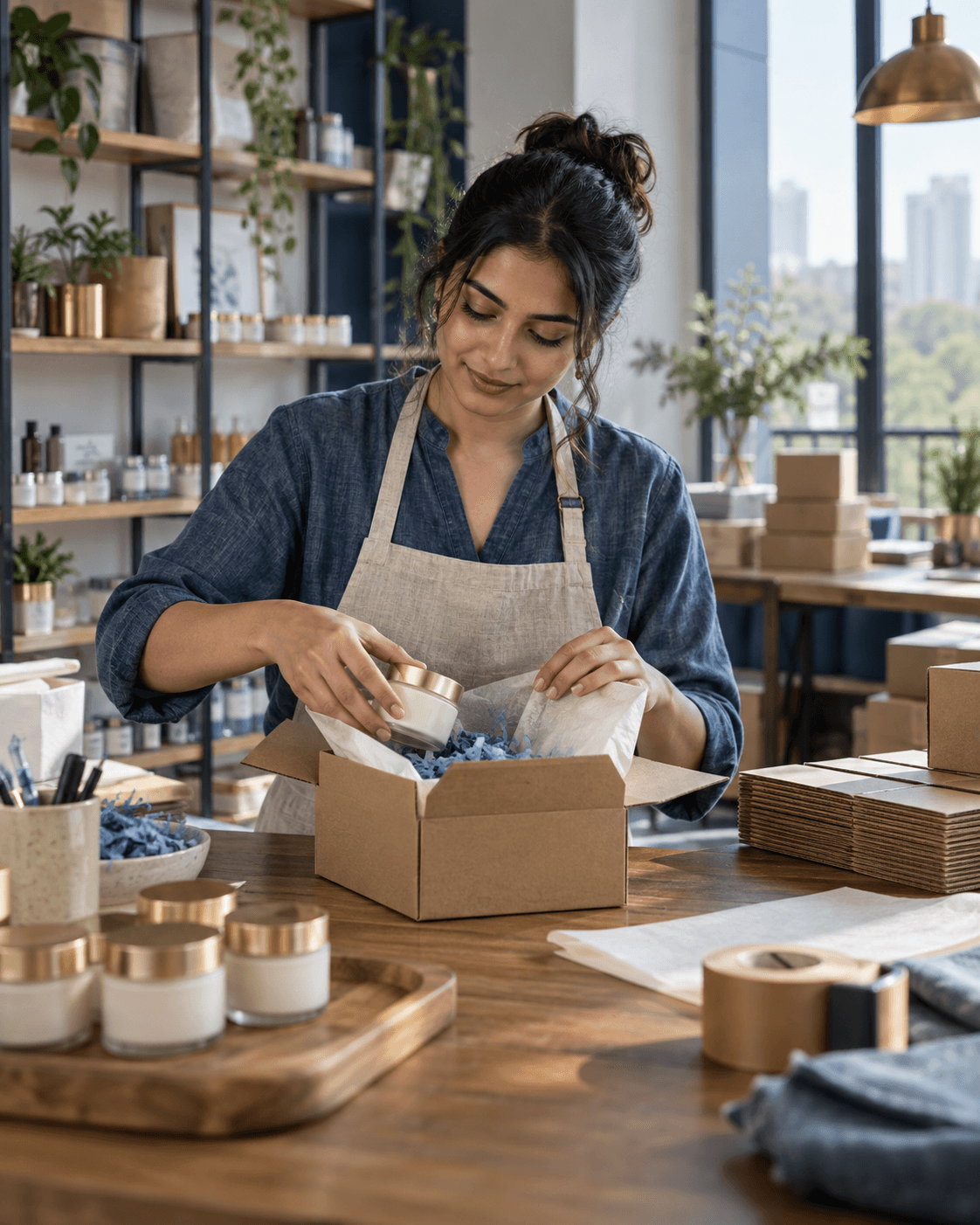 Illustrative image: an ecommerce entrepreneur packing skincare orders