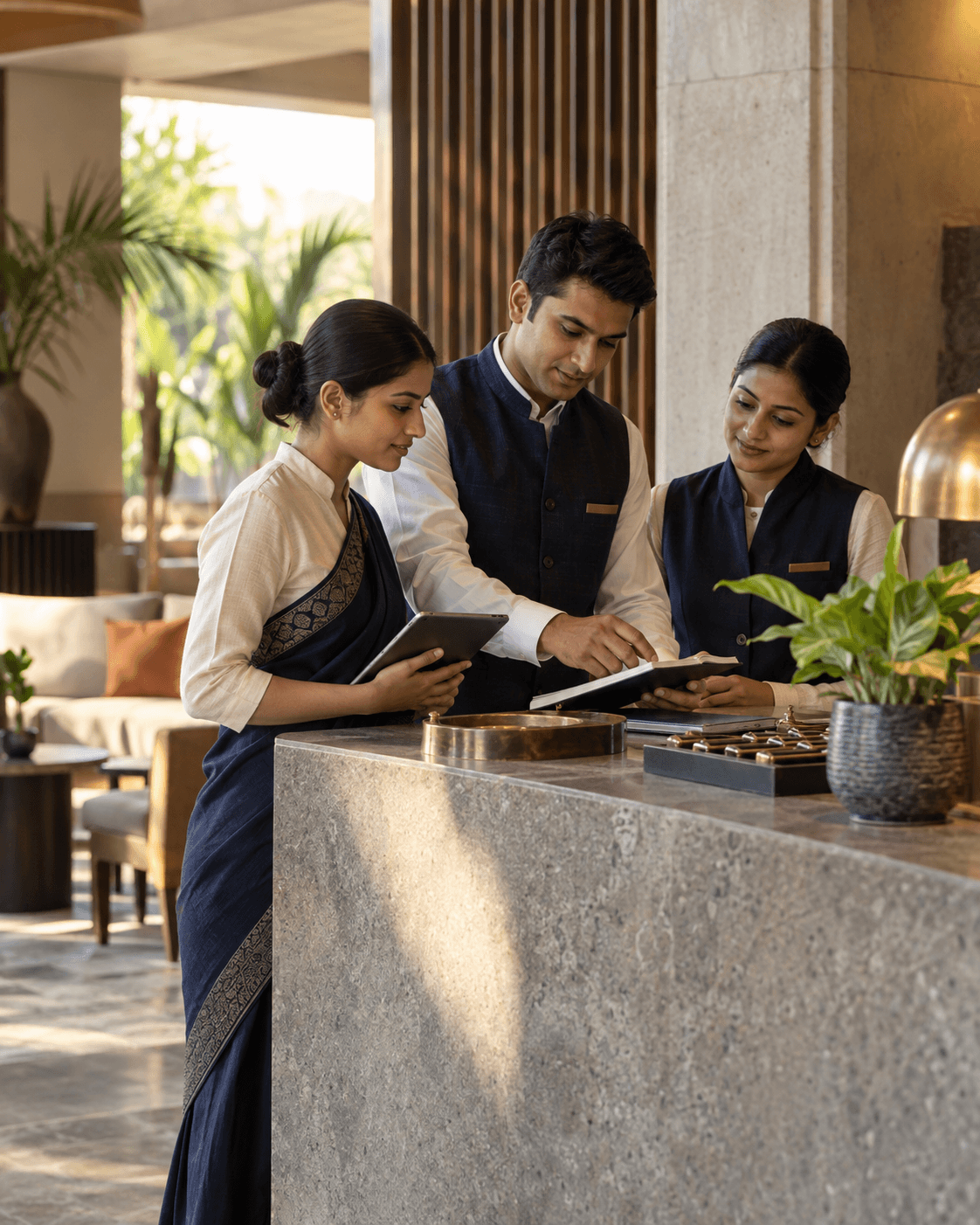 Illustrative image: hospitality professionals coordinating guest details at a reception desk