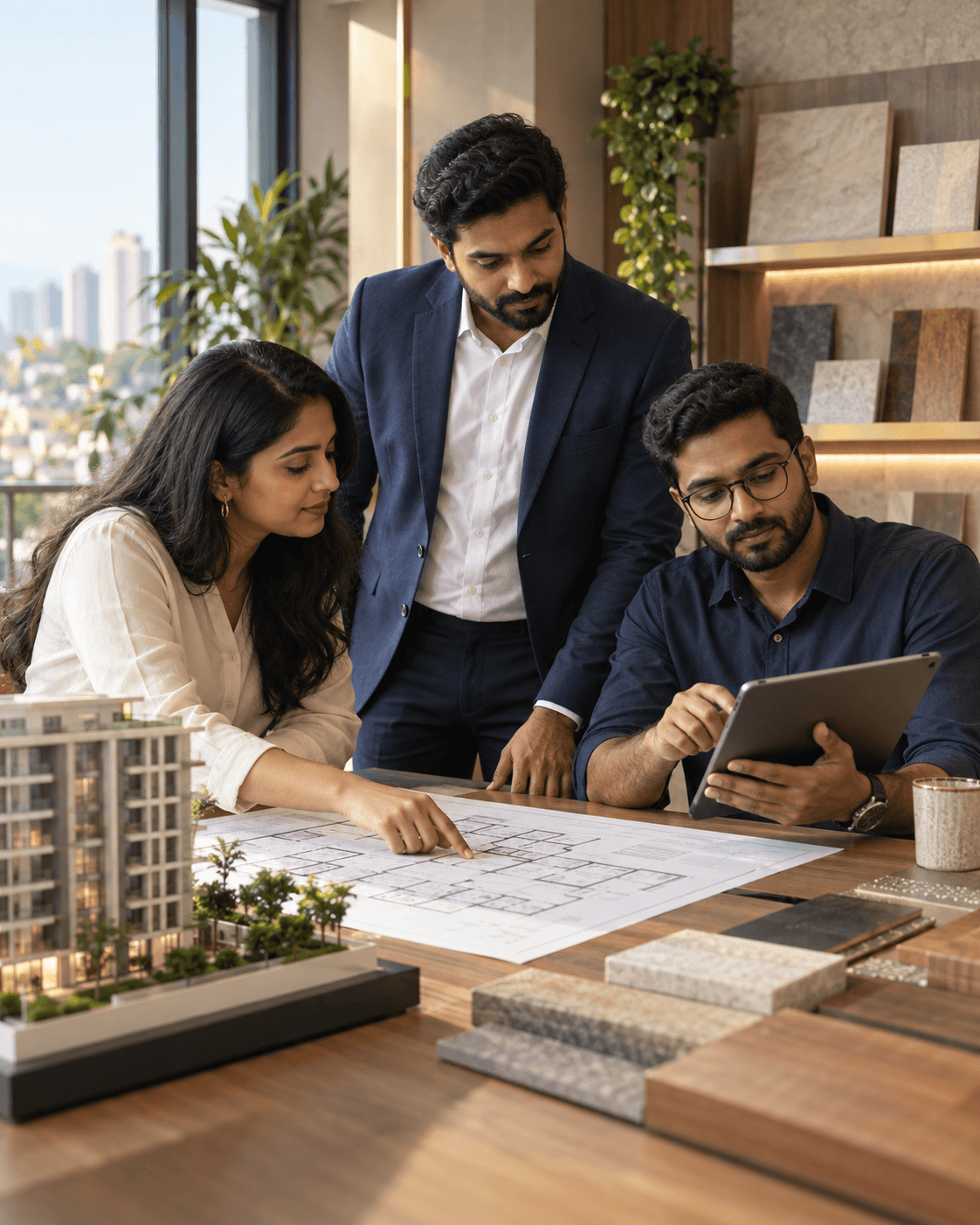 Illustrative image: property professionals reviewing a floor plan together